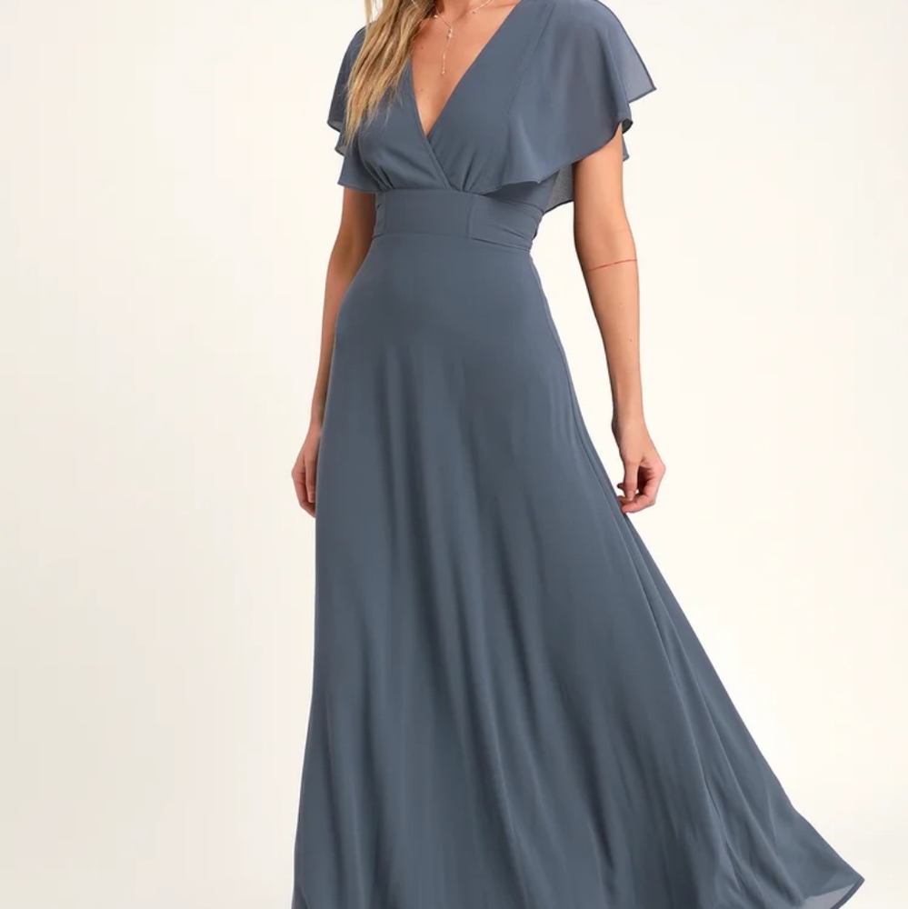 Lulu's Gown Dearly Loved Slate Blue Flutter Sleeve Maxi Dress Medium